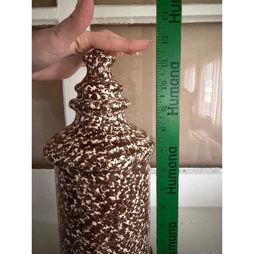 Vintage Brown Spatterware Ceramic Canister with Tiered Finial Lid Farmhouse